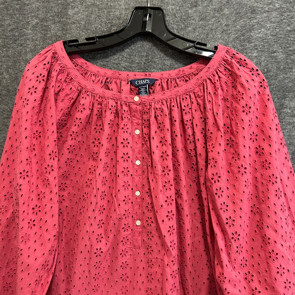 Chaps Tunic Top Women 2X Pink Eyelet Boho Peasant Cottagecore Henley Pullover - Picture 3 of 9